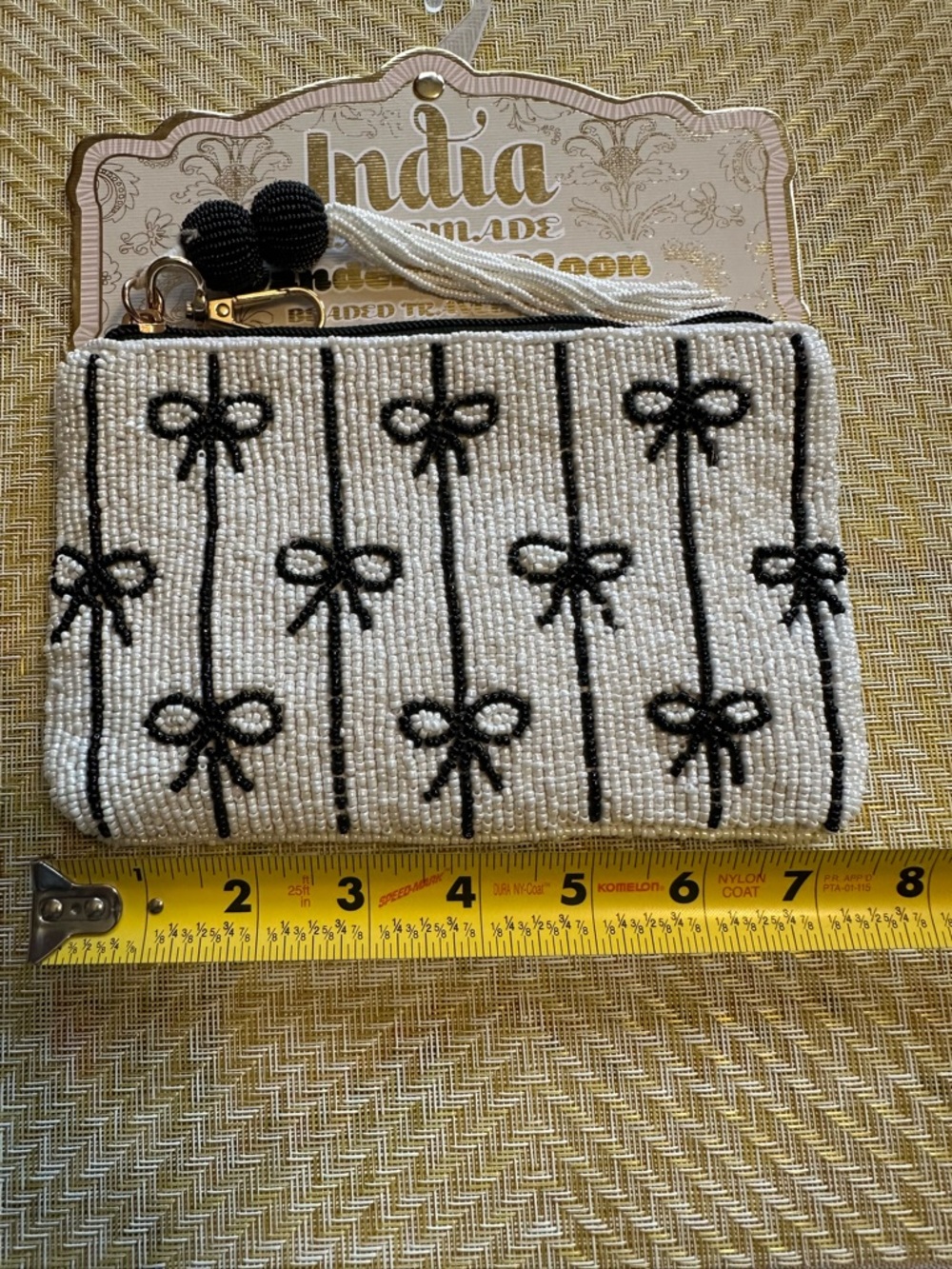 Handmade India Beaded Cosmetic Pouch in White with Black Bow Detail - Picture 4 of 4